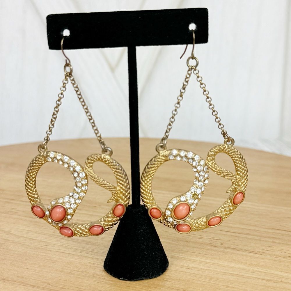 Vntg Bebe Rhinestone Beaded Snake Dangle Statement Earrings Gold Coral Orange